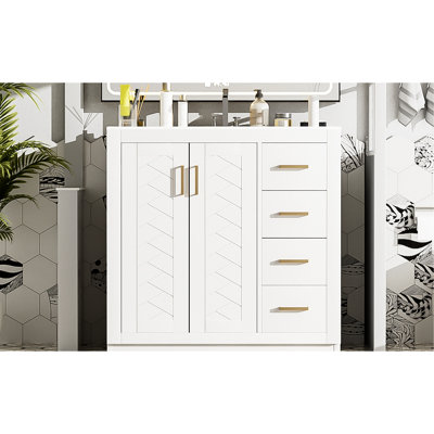 Meuble-lavabo de 36 pouces avec lavabo en céramique, glissière à tiroir lisse en bois massif, charnières, rangement spacieux, finition blanche, style moderne, cadre de rangement facile à assembler, planches, trois tiroirs, portes,
