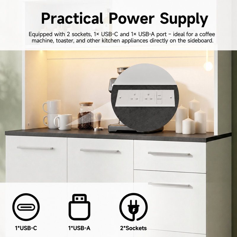 Jaxenor Tall Kitchen Sideboard Cabinet with Power Outlet, USB-A & USB-C Ports, LED Light Strip and Multi-Tier Storage, Freestanding White Pantry Cupboard for Kitchen, Dining Room & Living Room