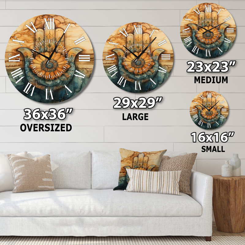 Horloge murale ronde silencieuse en métal Hamsa Protection - Style bohème, Surdimensionné