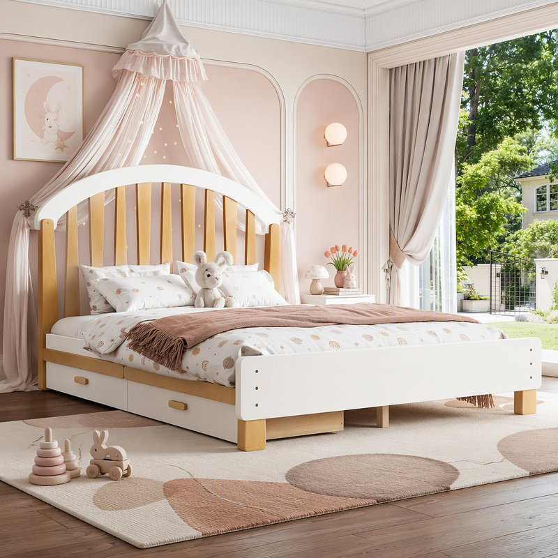 Lit plateforme double avec tiroir de rangement, cadre de lit simple en bois avec tête de lit ronde, sommier non requis, blanc et naturel