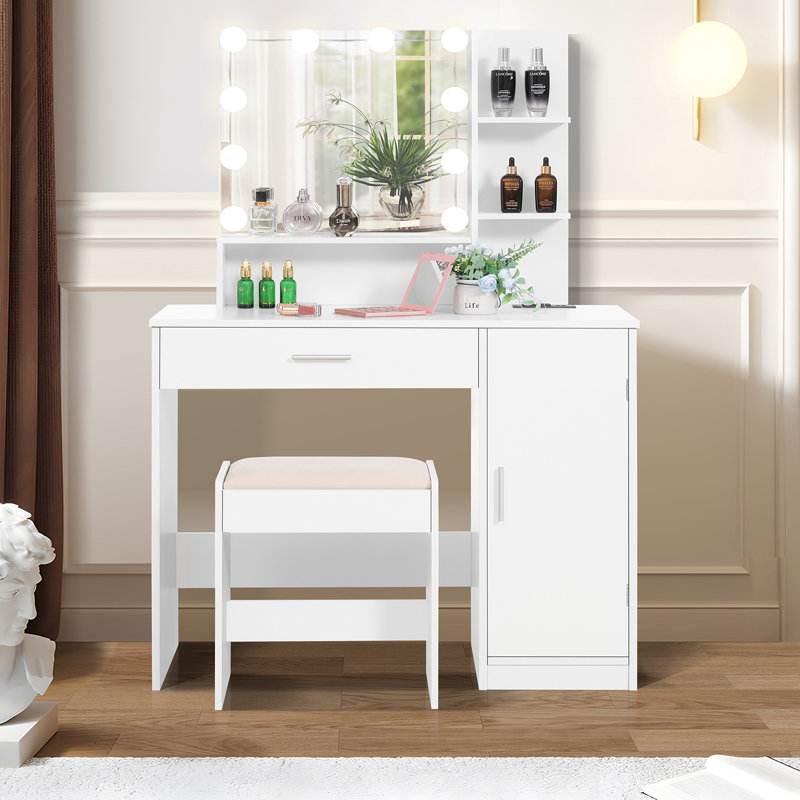 Ensemble coiffeuse avec tabouret et miroir Dasher, Blanc