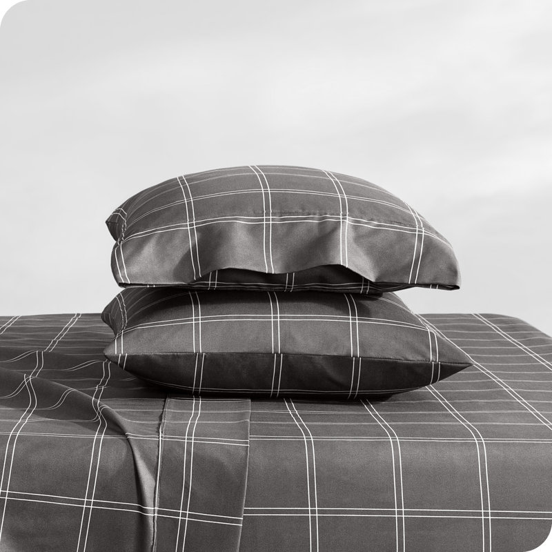 Queen Modern Plaid Grey/White Microfiber Deep Pocket Sheet Set
