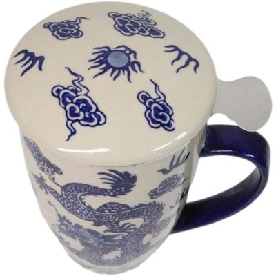 Tasse à thé en porcelaine bleue avec couvercle en acier inoxydable Ryu Dragon