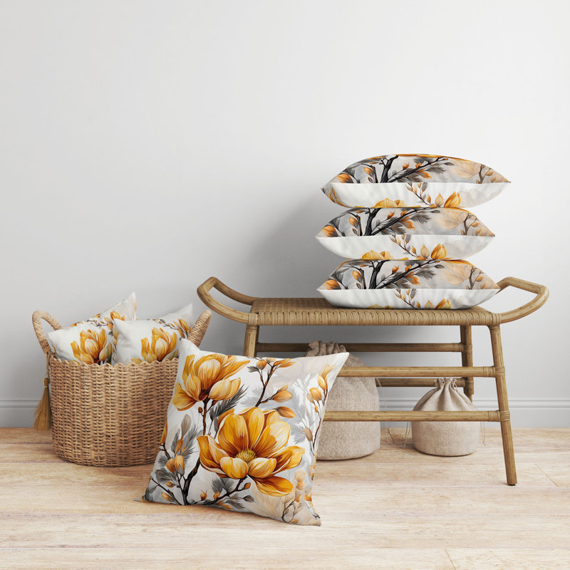 Vibrant Orange and Gray Floral Reversible Throw Pillow