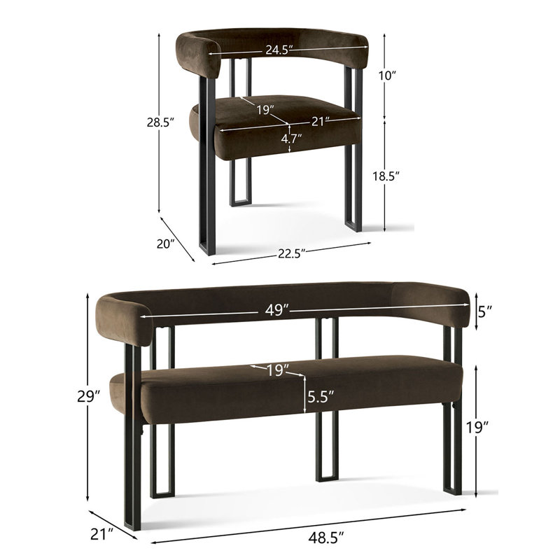 Causeuse et fauteuil en velours 3 pièces Dulcine Minimalist, Chocolat / Brun