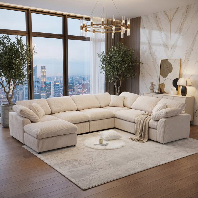 Canapé modulaire surdimensionné à 7 places avec coussins de nuage et repose-pieds mobile - Canapé-lit convertible en L / U, aménagement personnalisable pour les salons spacieux / appartements / bureaux