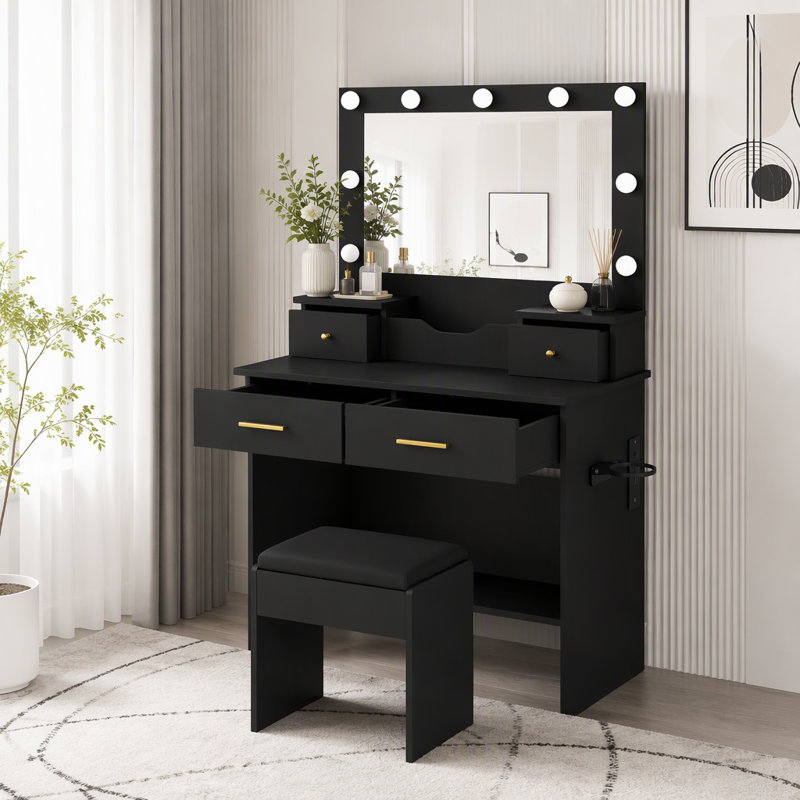 Makeup Vanity Desk with 9 Hollywood Bulbs,with a large mirror, featuring 4 drawers and 1 open storage box, equipped with a power socket