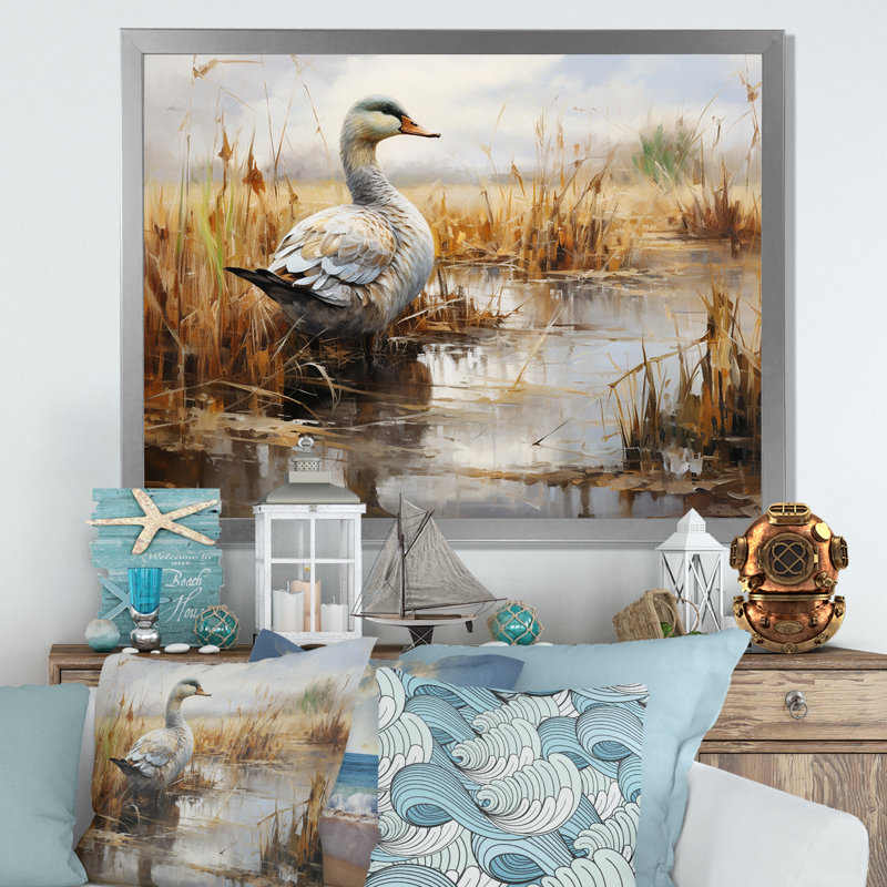 Misty Marsh Duck V - Art mural animal canard, H 24 po x l 32 po x P 1 po, Cadre de coin fermé argenté