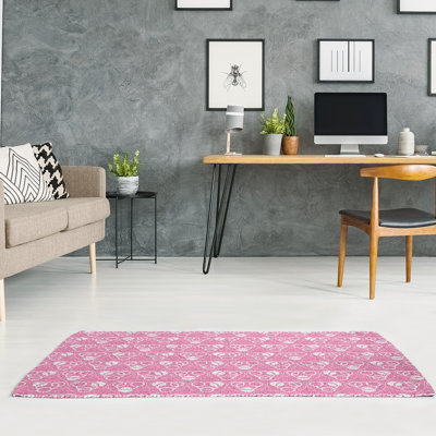 Tapis rose/blanc, cercles et vagues