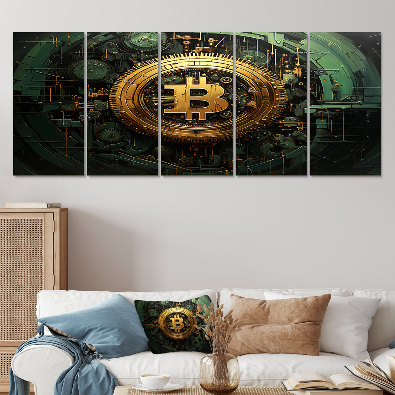 Or et vert - Crypto monnaie - ensemble de 5 pièces d'art mural, H 28 po x l 60 po