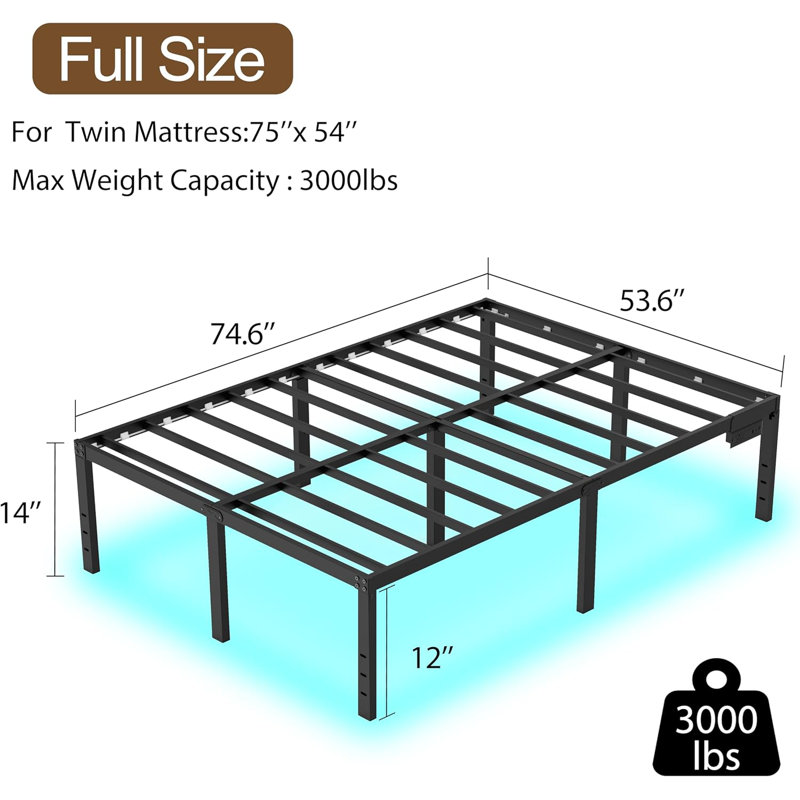 14 Inch Platform Bed Frame With Led Lights Charging Station Black Metal Mattress Foundation No Box Spring Needed Large Storage Space Anti-Noise
