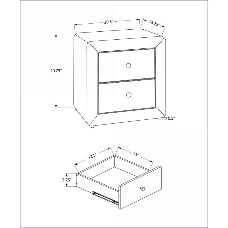 Table de chevet transitionnelle en velours gris avec 2 tiroirs - sans assemblage, Gris