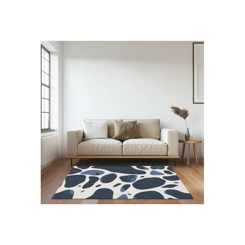 Tapis bleu tissé lavable à la machine à motif cailloux, Sous-tapis carré 3 pi 3 po inclus