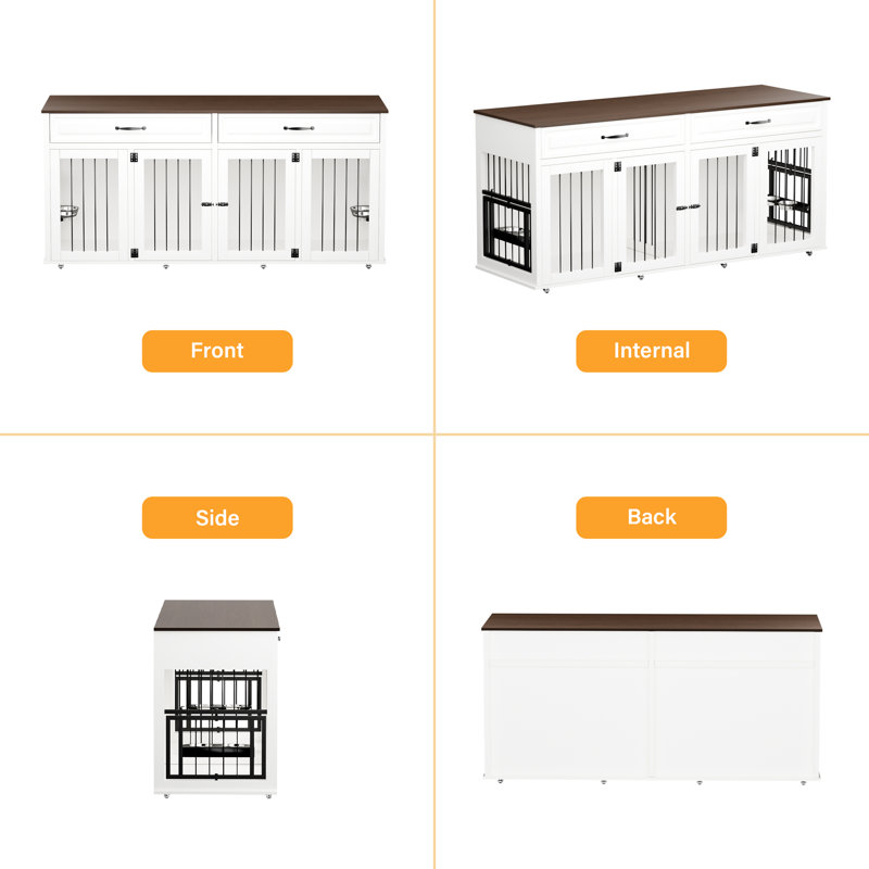 71" White Rolling Large Dog Crate Table with Drawers