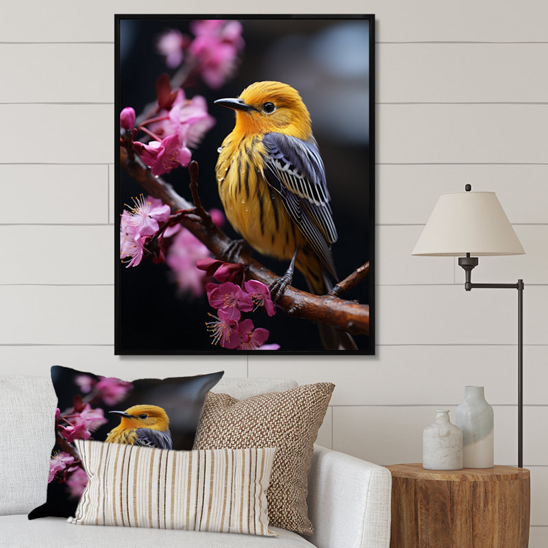 Oiseau jaune sur une fleur de cerisier IV sur toile, 40" H x 30" W, Gold Picture Framed