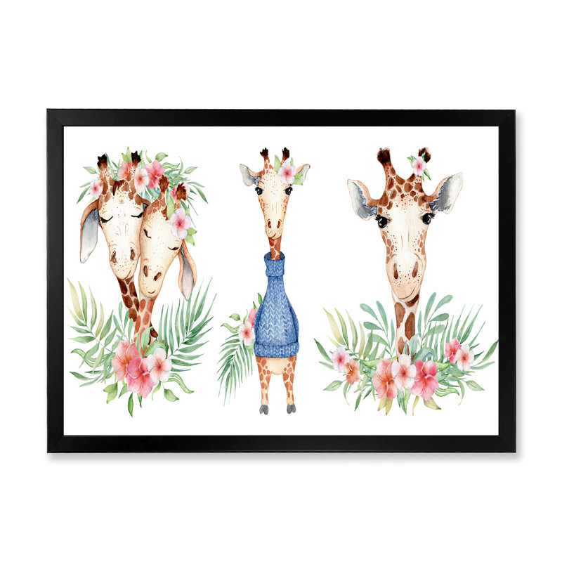 «Cute Giraffe Botanical Portrait», reproduction sur toile flottante, Cadre noir, H 8 po x l 12 po x P 1 po