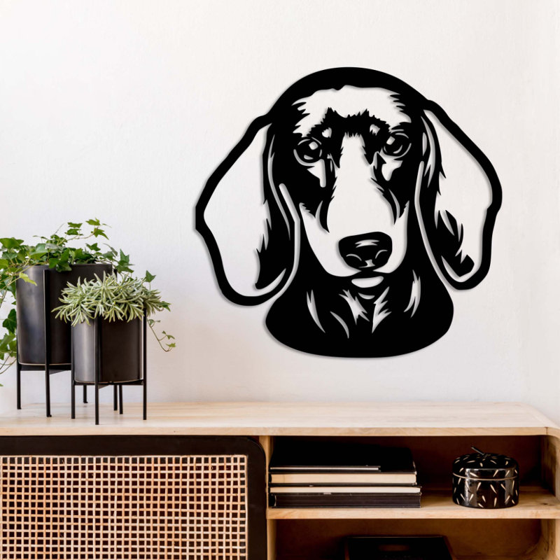 Teckel, art mural en métal - Silhouette de chien - Sculpture de chien, H 16 po x l 16 po x P 0,12 po, Noir