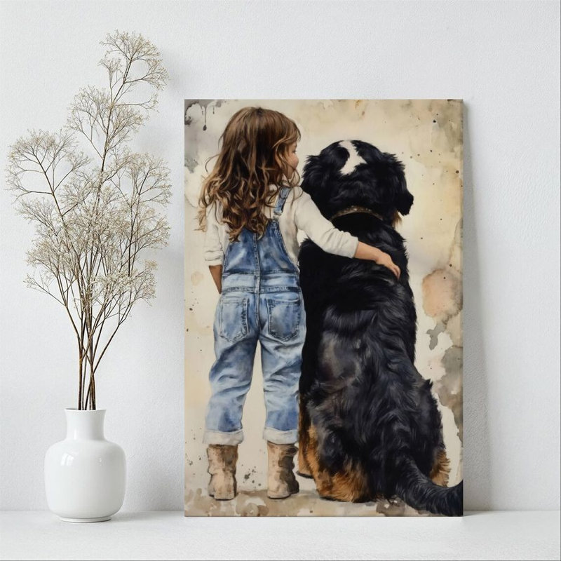 Impression sur toile encadrée 1Pc, une petite fille avec un bouvier bernois, chaleureuse décoration murale, parfaite pour la décoration de chambre