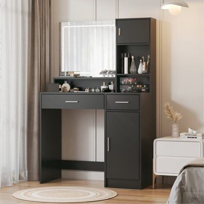 Vanity Desk With Mirror And LED Light Strip,Dressing Table With Large Drawer, 3 Level Storage Dresser & 3 Lighting Modes Adjustable Brightness, Suitable For Bedroom(Black)