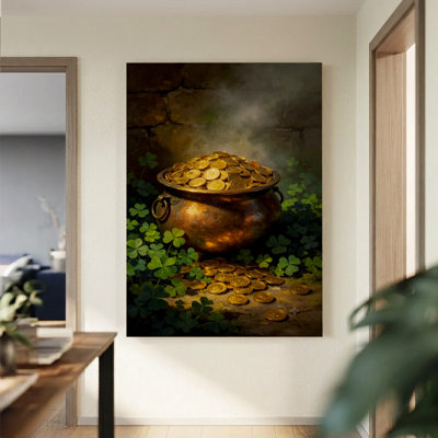 «Pot of Gold», art mural sur toile fantaisie, chaudron en cuivre avec pièces d'or et trèfles, impression de style peinture à l'huile impressionniste pour bureau personnel