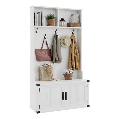 White Farmhouse 3-in-1 Hall Tree with Coat Rack, Bench & Shoe Storage – Adjustable Shelf & 5 Double Hooks – Entryway Organizer Cabinet for Mudroom, Foyer or Living Room – White