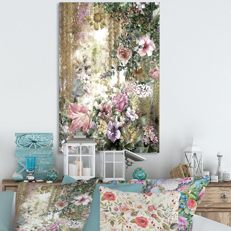 Grunge rose vert fleurs d'été - œuvre d'art traditionnelle sur toile