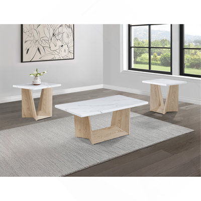 Ensemble de table basse moderne 3 pièces Table de bout Table de bout luxueuse avec plateau en faux marbre blanc et base en chêne blanc angulaire