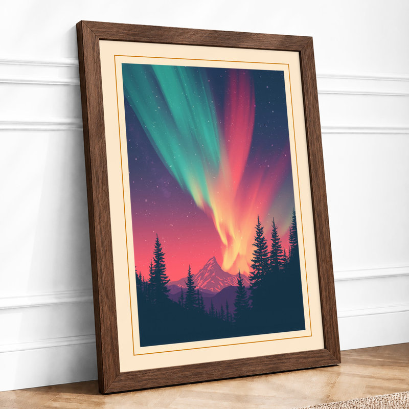 Aurora Over Silent Forest Scandinavian - Framed Print, A1 - 84.1 x 59.4 cm, Walnut