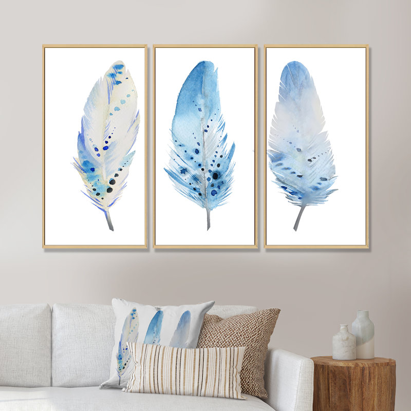 Blue Boho Feathers II - 3 pièces, reproduction sur toile, H 32 po x l 48 po x P 1 po, Cadre brun