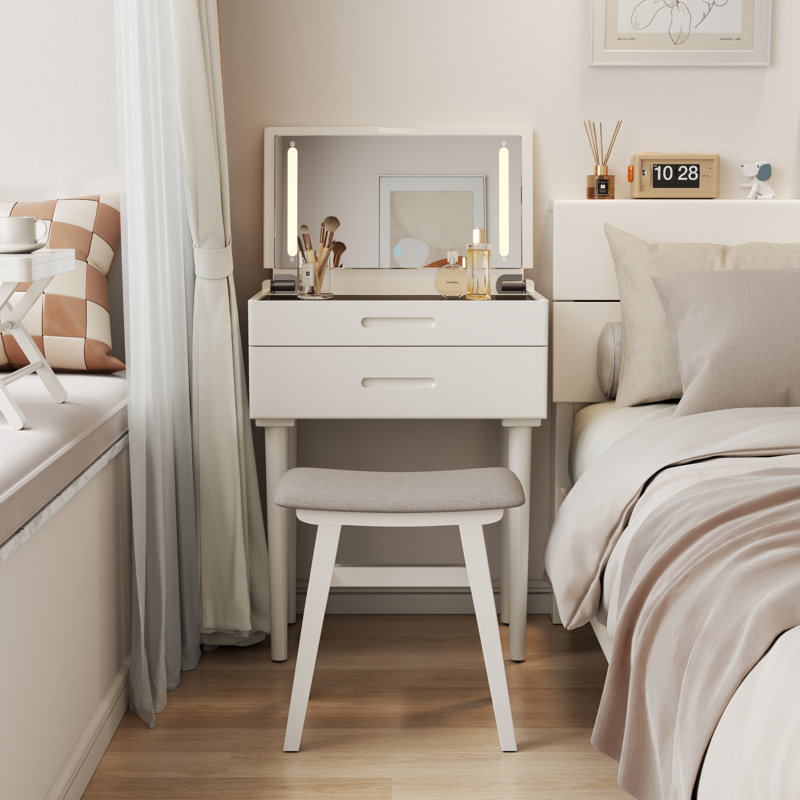 Solid Wood Makeup Vanity, Flip‑Top Lighted Mirror, Glass Tabletop, 3‑Mode Adjustable Brightness, Easy Assembly, White