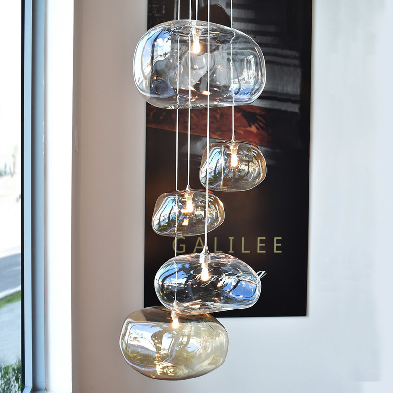 Kloud mix of 5 Pendant Lights, Black, 105", Clear/Grey