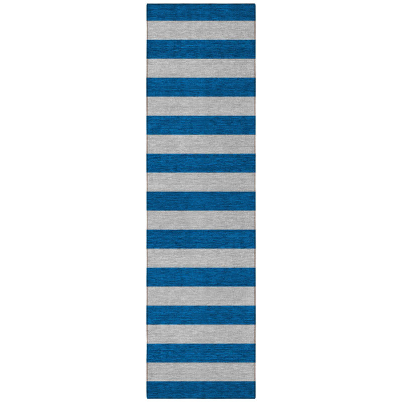 8' Runner Blue and Ivory Striped Washable Non Skid Indoor Outdoor Runner Rug
