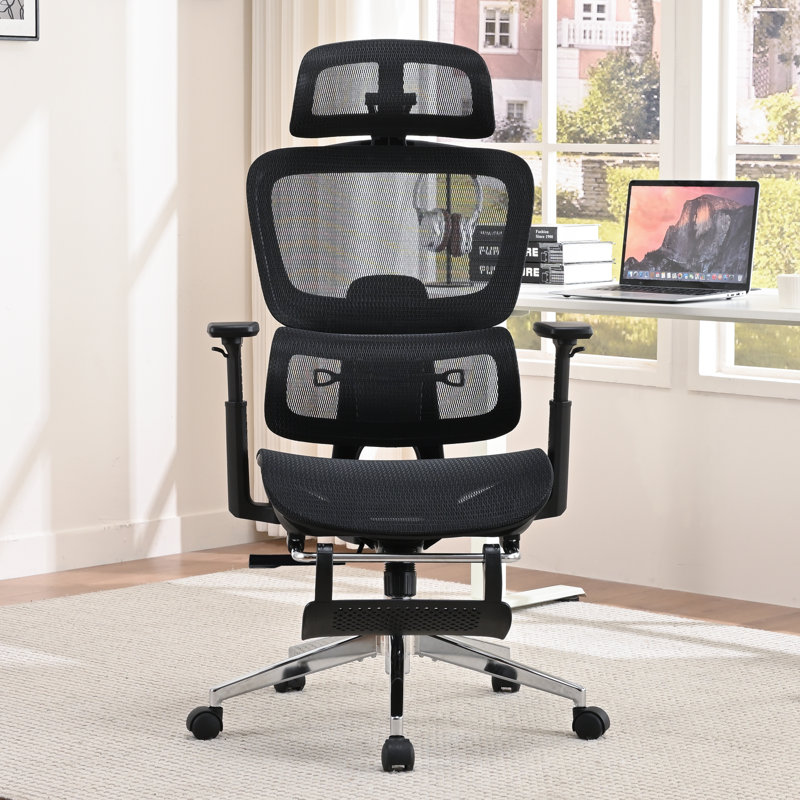 Ergonomic Office Chair, Home Mesh Desk Computer Chair, Comfortable Gaming Chair With Footrest, Wheels, Adjustable 2D Headrest, Lumbar Support, High Back And 3D Armrest, Black