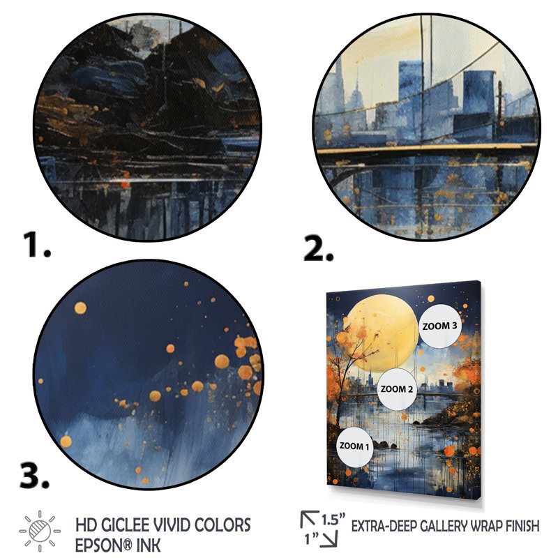 «Yellow Bridge Abstracted Riverine Pointillism I - Cityscapes», reproduction d'art sur toile, H 44 po x l 34 po x P 1,5 po
