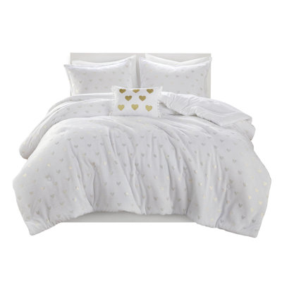 Twin/twin Xl Metallic Heart 3 Pcs Comforter With White/gold Throw Pillow, Microfiber Reverse, Fill, Machine Washable Material Printed Ultra Soft Microlight Material, Spot Clean