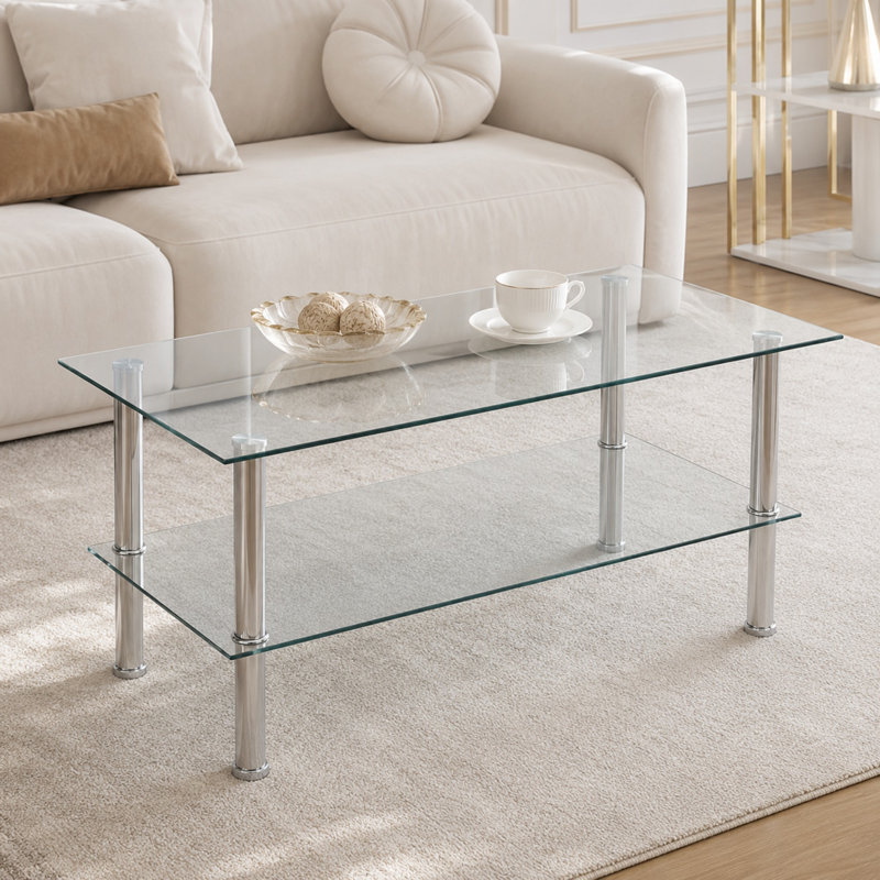 Modern 2-Tier Rectangular Glass Coffee Table with Metal Frame