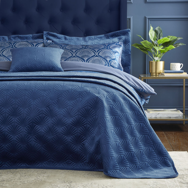 Art Deco Pearl Embroidered Bedspread Throw, Navy Blue