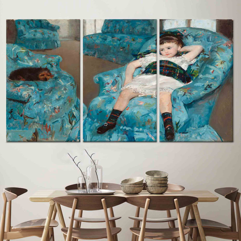 Modern Home Decor: Girl in Blue, impression sur toile avec fauteuil, toile tendue 3P, H: 27,6 po x l: 59,1 po