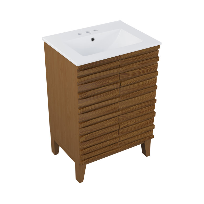 Meuble-lavabo en chêne brun Cascade 24 po avec comptoir en céramique blanc à 3 trous, Blanc, Chêne brun