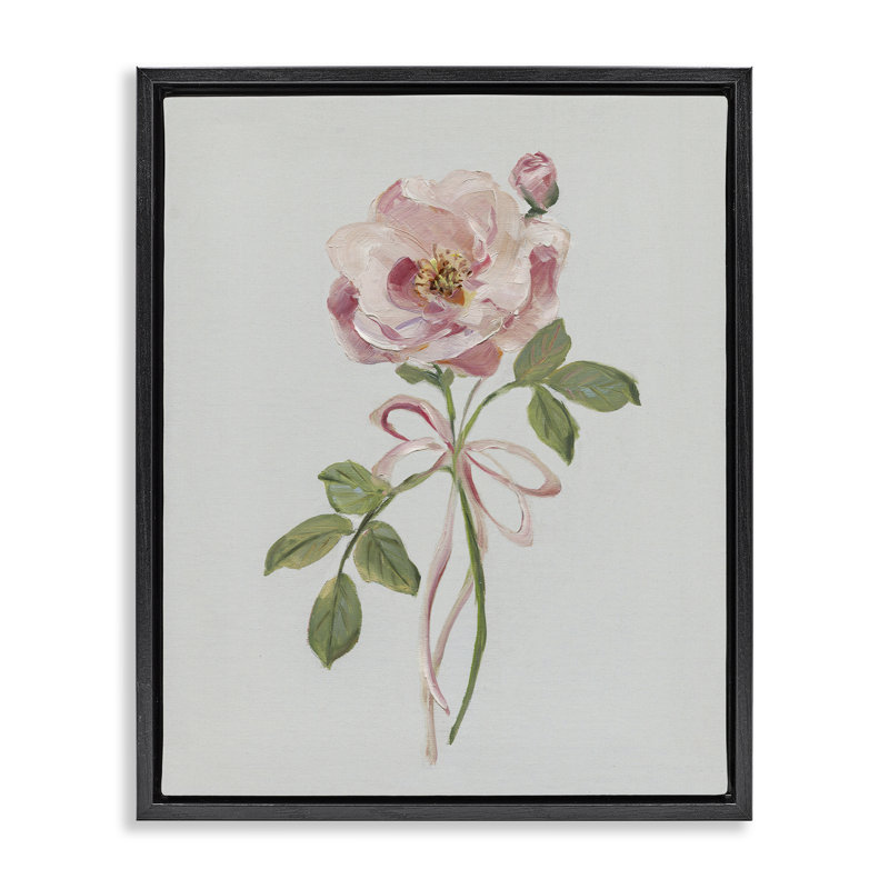 Bouton de rose rose avec ruban, Cadre flottant noir de jais, H 21 po x l 17 po