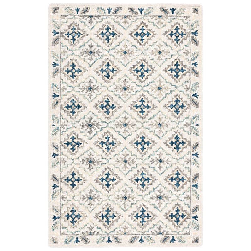 Betsy-Belle Hand Tufted Wool/Cotton Geometric Rug in Blue/Ivory, Rectangle 3' x 5'