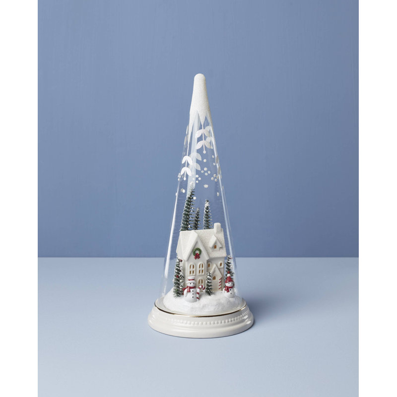 Lit Christmas Cone With Farmhouse Scene