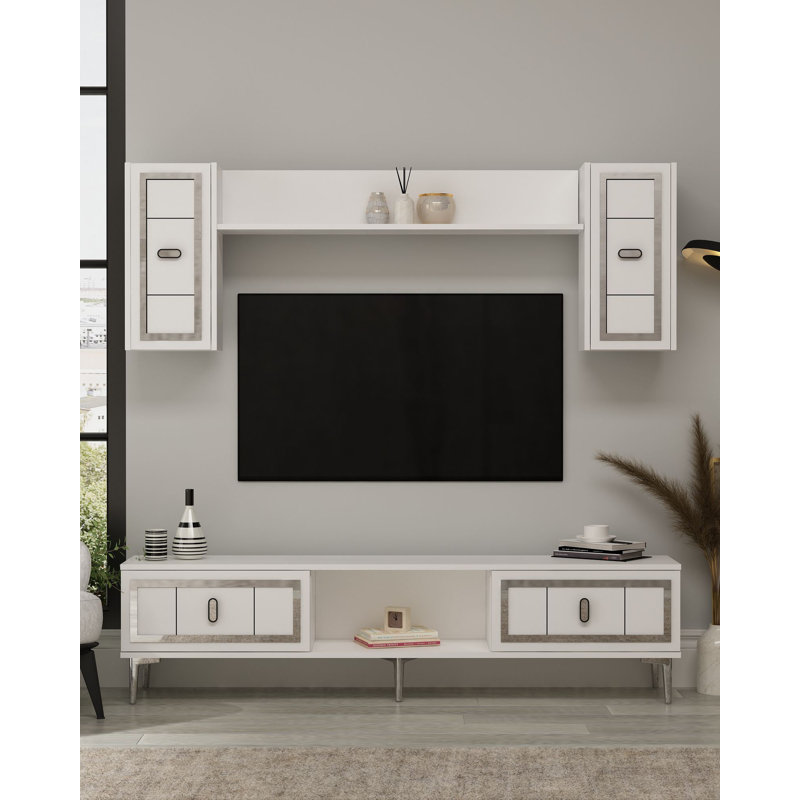 Ensemble de meuble télé moderne avec tablette murale 59,1 po x 17,6 po x 11,6 po | 100% panneau de particules enduit de mélamine, épaisseur: 0,7 pouce | Comprend de nombreuses tablettes et une conception murale pour un salon élégant