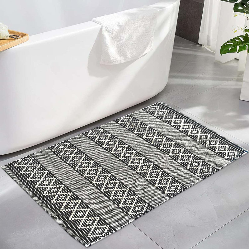 Steverson Cotton Bath Rug, Black/Ivory, Single - 36" L x 24" W