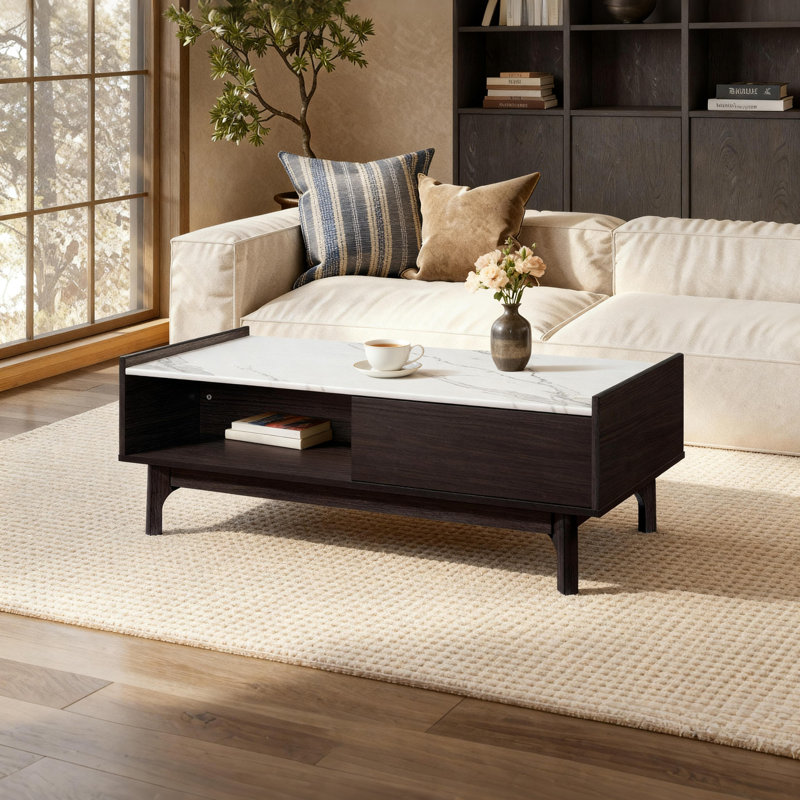 Table basse de 47,24 po de largeur avec plateau en faux marbre et tablettes