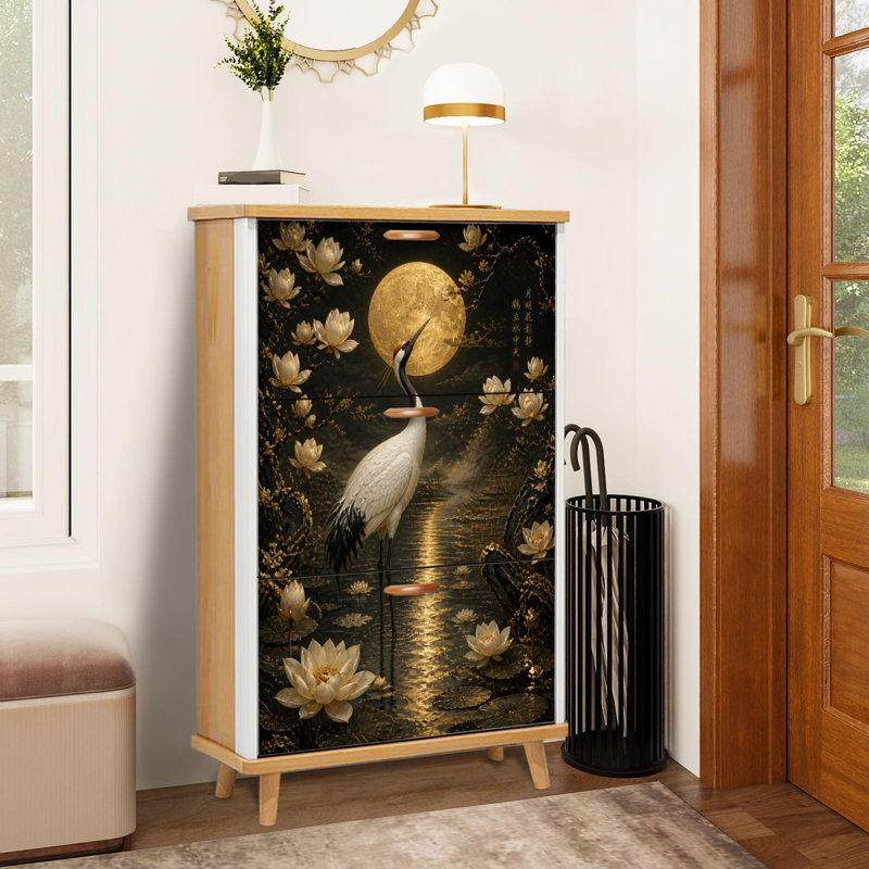 Meuble de rangement à chaussures minimaliste et élégant, de style oriental, avec 3 tiroirs rabattables, motif grue, lune dorée et étang de lotus. Organisateur de chaussures autoportantes, gain d'espace, idéal pour l'entrée, le corridor, la chambre, les petits appartements et la maison.
