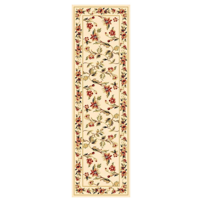 8' Ivory Green and Red Floral Vines Runner Rug