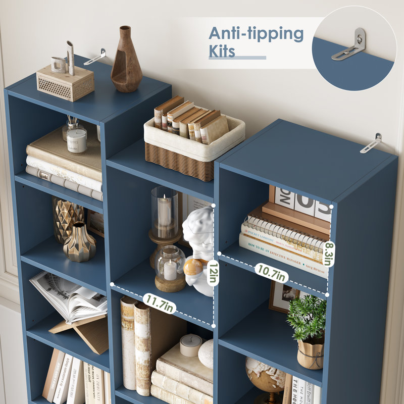 Beetner 71.3''H 8-Tier Cube Bookcase, Media Storage Shelves (Adjustable Shelves), Prussian Blue