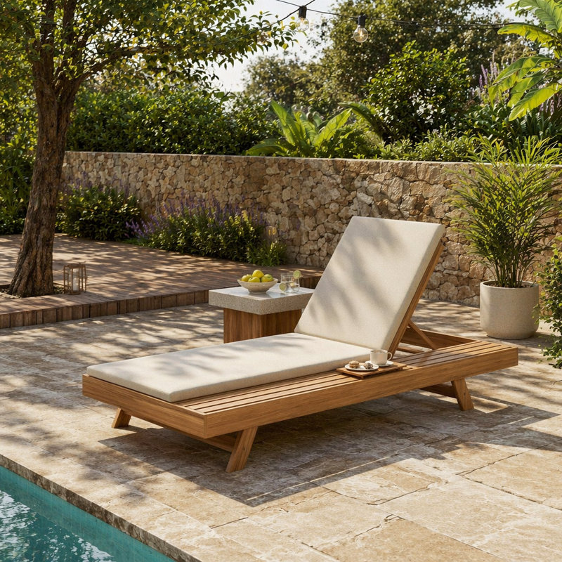 (Set Of 1 Chaise)   Lounge Chaise With Headrest, Acacia Wood, Cream