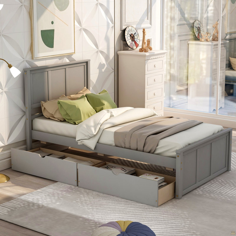Lit plateforme avec rangement, 2 tiroirs avec roulettes, structure simple, Grey